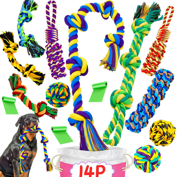 XL Dog Chew Toys for Aggressive Chewers Large Breed, 14 Pack Tough Indestructible Dog Toys for Aggressive Chewers, Durable Puppy Chew Toys for Teething, Heavy Duty Cotton Dog Rope Toys for Large Dogs - VITSCAN
