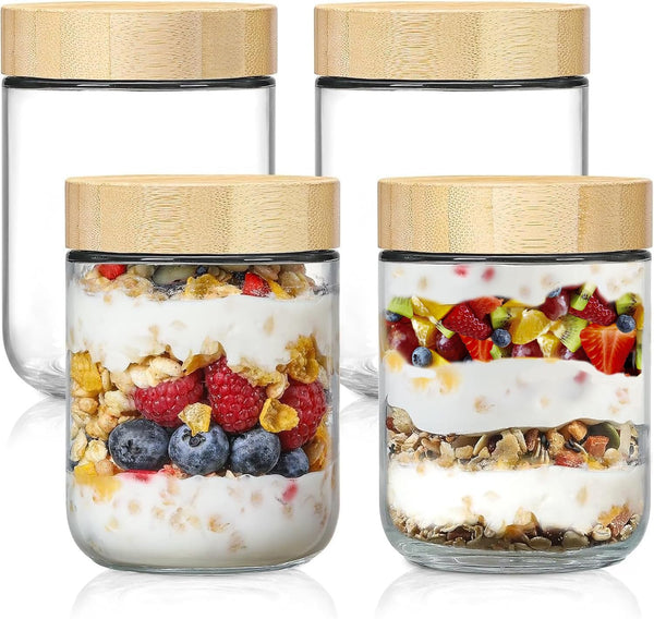 4-pack 16oz Glass jars with Airtight Lids, Overnight Oats Containers with Bamboo Lids, Wide mouth Mason Salad jars, Glass Food Storage Containers for Snacks Yogurt Spice Sugar