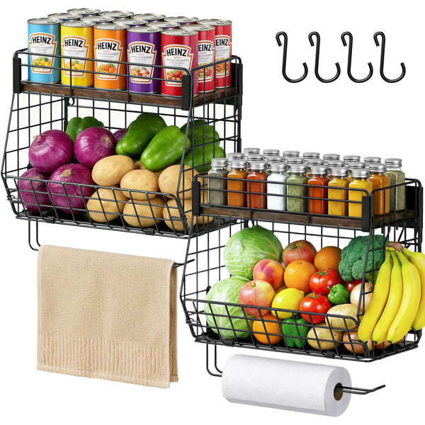 CCWOF 2 Pack Magnetic Spice Rack for Fridge with Paper Towel Holder, Fruit Basket with 4 Hooks for Kitchen Storage and Organizer, Full‑Enclosed Magnetic Shelf 33 lbs for Laundry, Pantry, Coffee Bar and RV