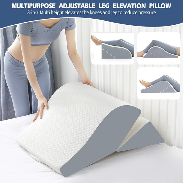 2PCS Leg Elevation Wedge Pillows for Sleeping, Leg Wedge Pillow After Knee Replacement Post Surgery, Leg Wedges for Elevation for Swelling, Circulation, Adjustable 3-in-1 Height Foam Pillow Wedge - VITSCAN