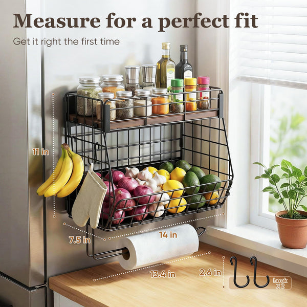CCWOF 2 Pack Magnetic Spice Rack for Fridge with Paper Towel Holder, Fruit Basket with 4 Hooks for Kitchen Storage and Organizer, Full‑Enclosed Magnetic Shelf 33 lbs for Laundry, Pantry, Coffee Bar and RV