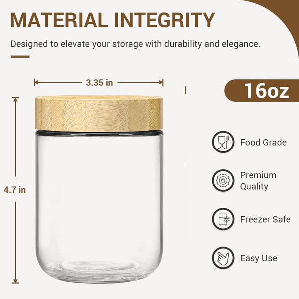 4-pack 16oz Glass jars with Airtight Lids, Overnight Oats Containers with Bamboo Lids, Wide mouth Mason Salad jars, Glass Food Storage Containers for Snacks Yogurt Spice Sugar