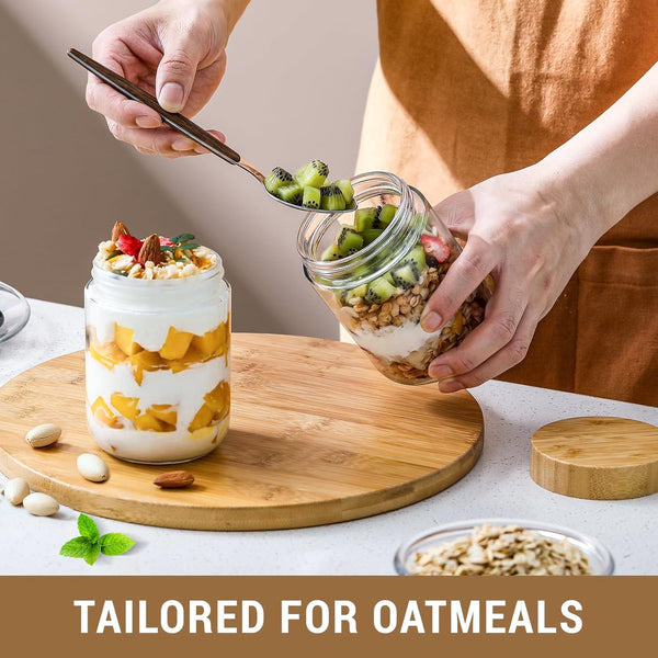 4-pack 16oz Glass jars with Airtight Lids, Overnight Oats Containers with Bamboo Lids, Wide mouth Mason Salad jars, Glass Food Storage Containers for Snacks Yogurt Spice Sugar