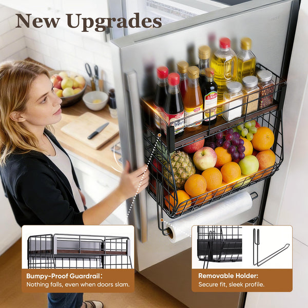 CCWOF 2 Pack Magnetic Spice Rack for Fridge with Paper Towel Holder, Fruit Basket with 4 Hooks for Kitchen Storage and Organizer, Full‑Enclosed Magnetic Shelf 33 lbs for Laundry, Pantry, Coffee Bar and RV