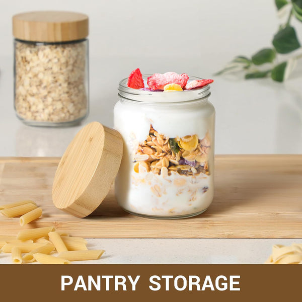 4-pack 16oz Glass jars with Airtight Lids, Overnight Oats Containers with Bamboo Lids, Wide mouth Mason Salad jars, Glass Food Storage Containers for Snacks Yogurt Spice Sugar