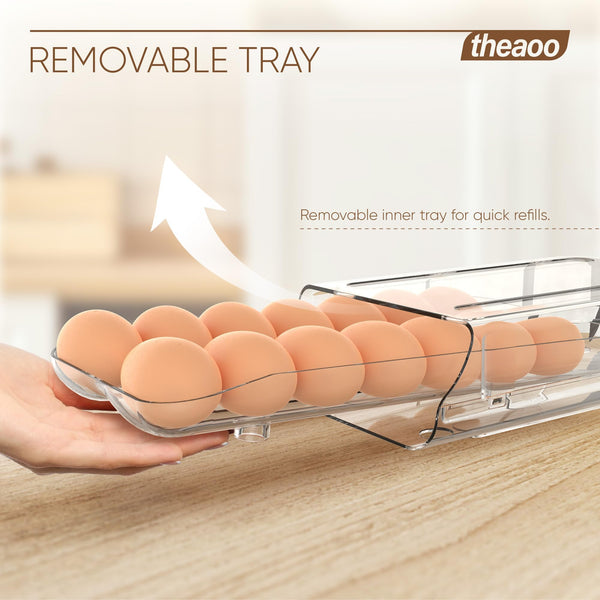 theaoo Egg Holder for Fridge, Automatic Rolling Egg Container for Refrigerator, Clear Plastic Egg Dispenser, Stackable Eggs Organizer with Quick Removable inner Tray For Organizers and Storage, 1Pack - VITSCAN