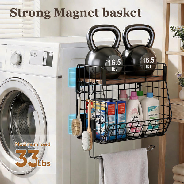 CCWOF 2 Pack Magnetic Spice Rack for Fridge with Paper Towel Holder, Fruit Basket with 4 Hooks for Kitchen Storage and Organizer, Full‑Enclosed Magnetic Shelf 33 lbs for Laundry, Pantry, Coffee Bar and RV