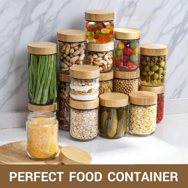 4-pack 16oz Glass jars with Airtight Lids, Overnight Oats Containers with Bamboo Lids, Wide mouth Mason Salad jars, Glass Food Storage Containers for Snacks Yogurt Spice Sugar