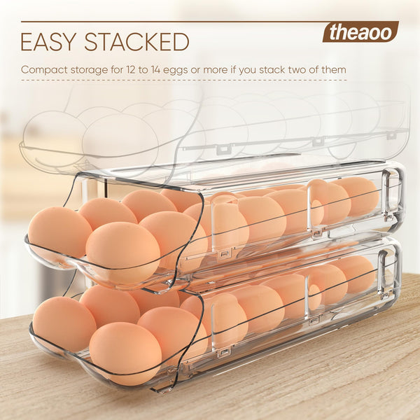 theaoo Egg Holder for Fridge, Automatic Rolling Egg Container for Refrigerator, Clear Plastic Egg Dispenser, Stackable Eggs Organizer with Quick Removable inner Tray For Organizers and Storage, 1Pack - VITSCAN