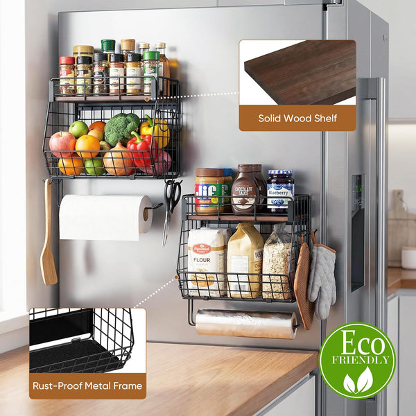 CCWOF 2 Pack Magnetic Spice Rack for Fridge with Paper Towel Holder, Fruit Basket with 4 Hooks for Kitchen Storage and Organizer, Full‑Enclosed Magnetic Shelf 33 lbs for Laundry, Pantry, Coffee Bar and RV
