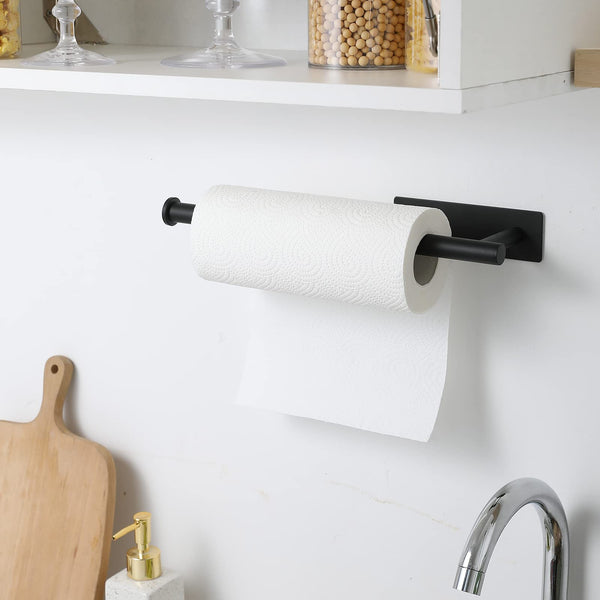 theaoo Paper Towel Holder - Under Cabinet Paper Towel Holder for Kitchen, Adhesive Paper Towel Roll Rack for Bathroom Towel, Wall Mounted Matte Black Paper Towel Rack, SUS304 Stainless Steel