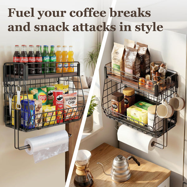 CCWOF 2 Pack Magnetic Spice Rack for Fridge with Paper Towel Holder, Fruit Basket with 4 Hooks for Kitchen Storage and Organizer, Full‑Enclosed Magnetic Shelf 33 lbs for Laundry, Pantry, Coffee Bar and RV