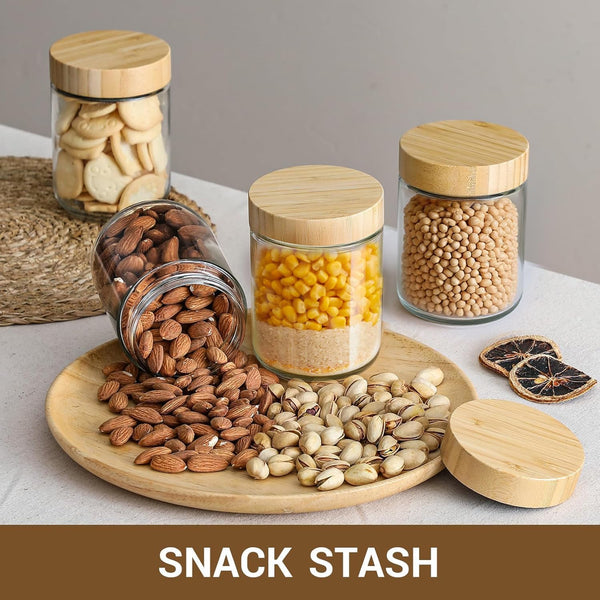 4-pack 16oz Glass jars with Airtight Lids, Overnight Oats Containers with Bamboo Lids, Wide mouth Mason Salad jars, Glass Food Storage Containers for Snacks Yogurt Spice Sugar