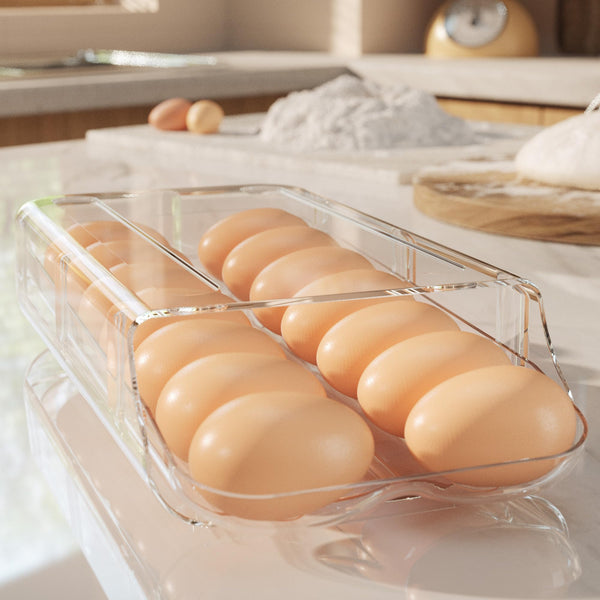 theaoo Egg Holder for Fridge, Automatic Rolling Egg Container for Refrigerator, Clear Plastic Egg Dispenser, Stackable Eggs Organizer with Quick Removable inner Tray For Organizers and Storage, 1Pack - VITSCAN